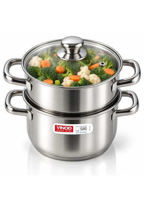 Vinod Steamer for Kitchen 2-Tier Stainless Steel with Glass Lid | 20 cm | 7.9 Inch