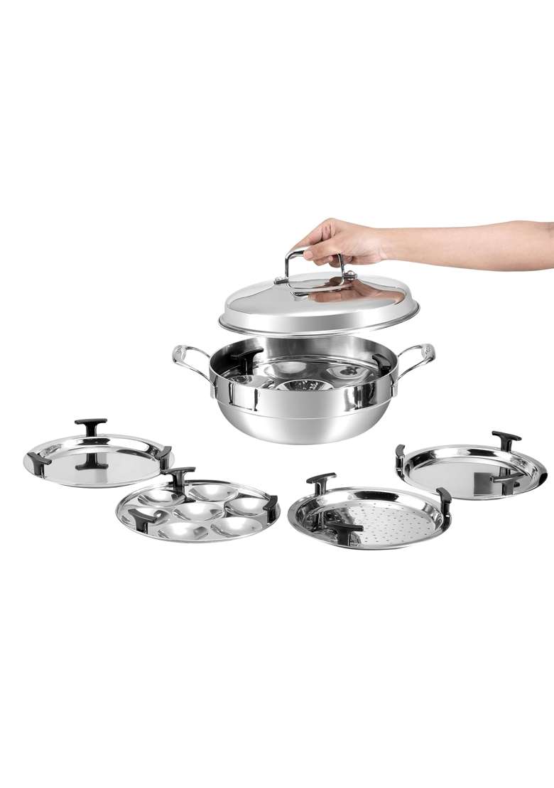 Vinod Platnium Triply Stainless Steel Multi Kadai Wok Idli Maker | 4 L | 4.2 Qt | 26 cm | 10.2 Inch | Induction Compatible - Indya
