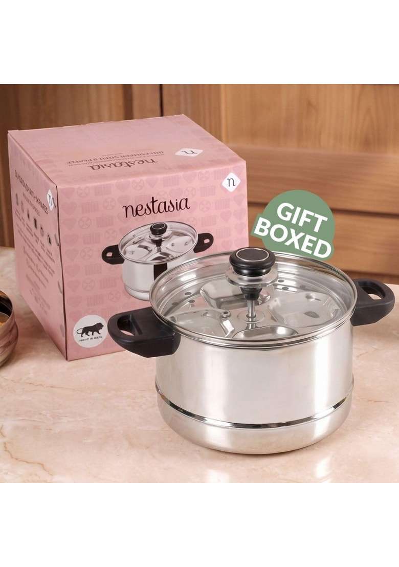 Nestasia Stainless Steel Idli Maker with Lid and 4 Plates | 4.5 L | 4.8 Qt | Induction Compatible - Indya