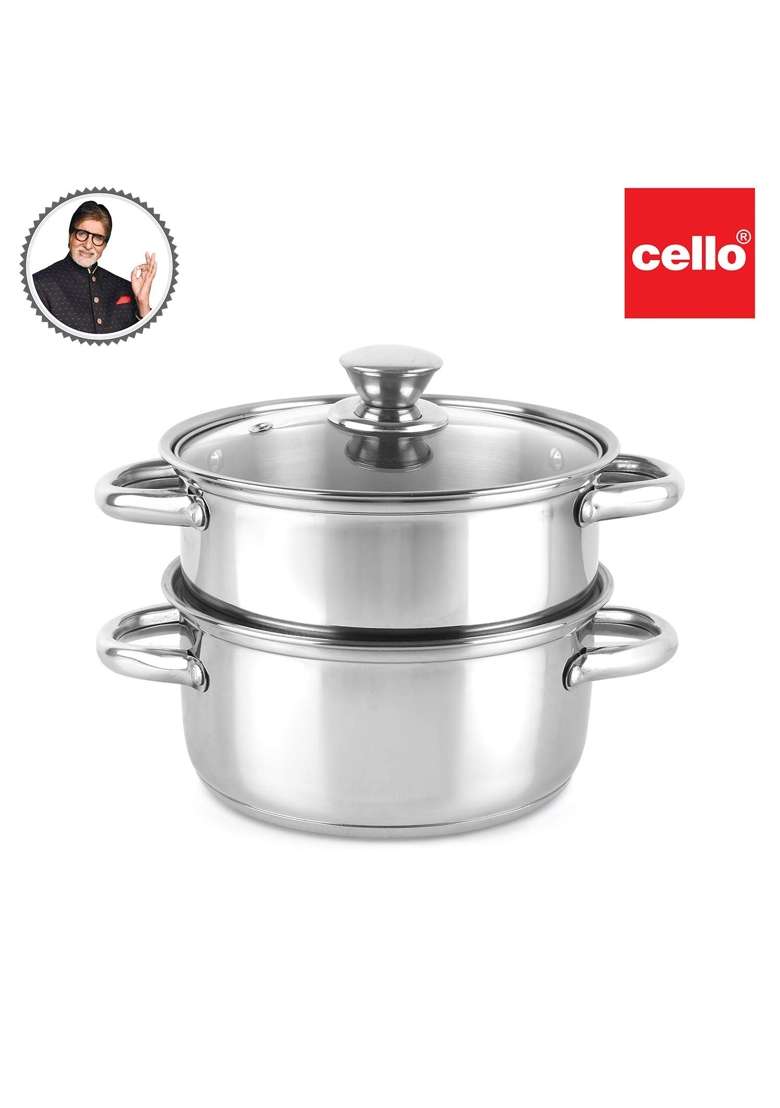 CELLO Steelox Stainless Steel Idli Steamer with Glass Lid | Induction Compatible | Food Safe - Indya