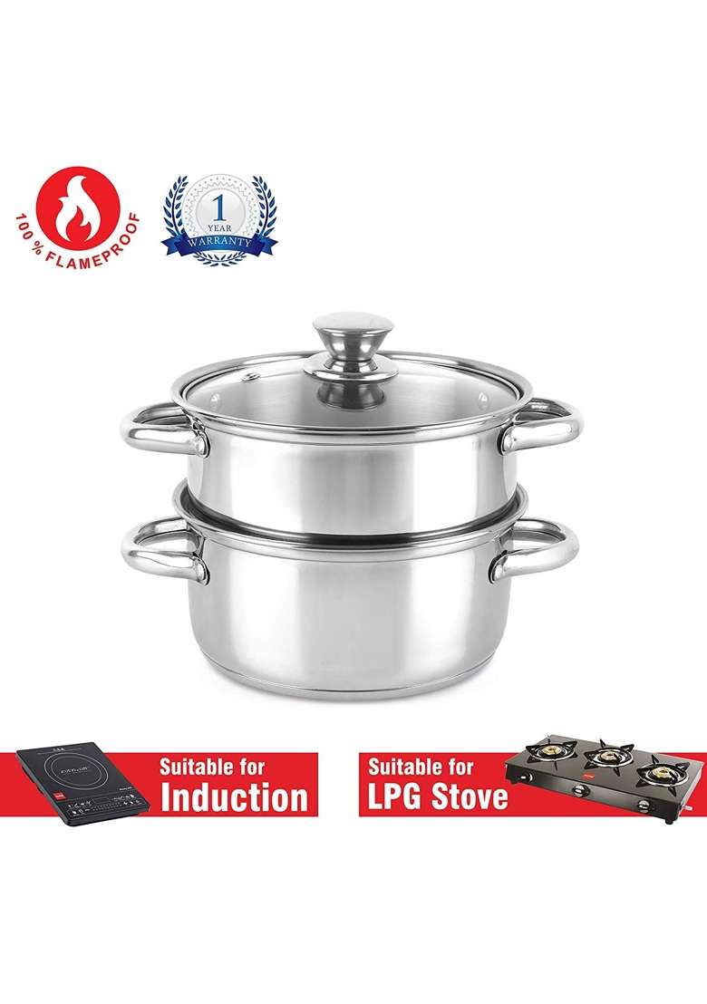 CELLO Steelox Stainless Steel Idli Steamer with Glass Lid | Induction Compatible | Food Safe - Indya