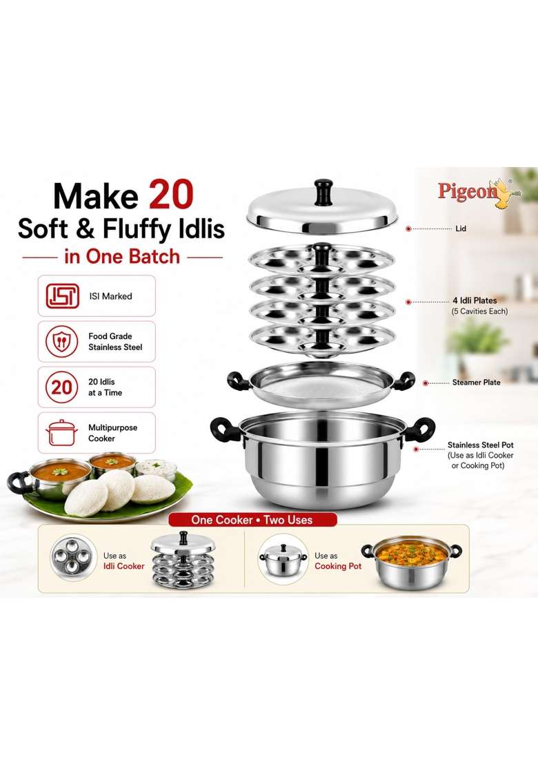 Pigeon Hot 20 Stainless Steel Idli Cooker and Steamer | Induction Compatible | Food Safe - Indya