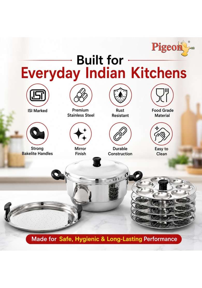 Pigeon Hot 20 Stainless Steel Idli Cooker and Steamer | Induction Compatible | Food Safe - Indya