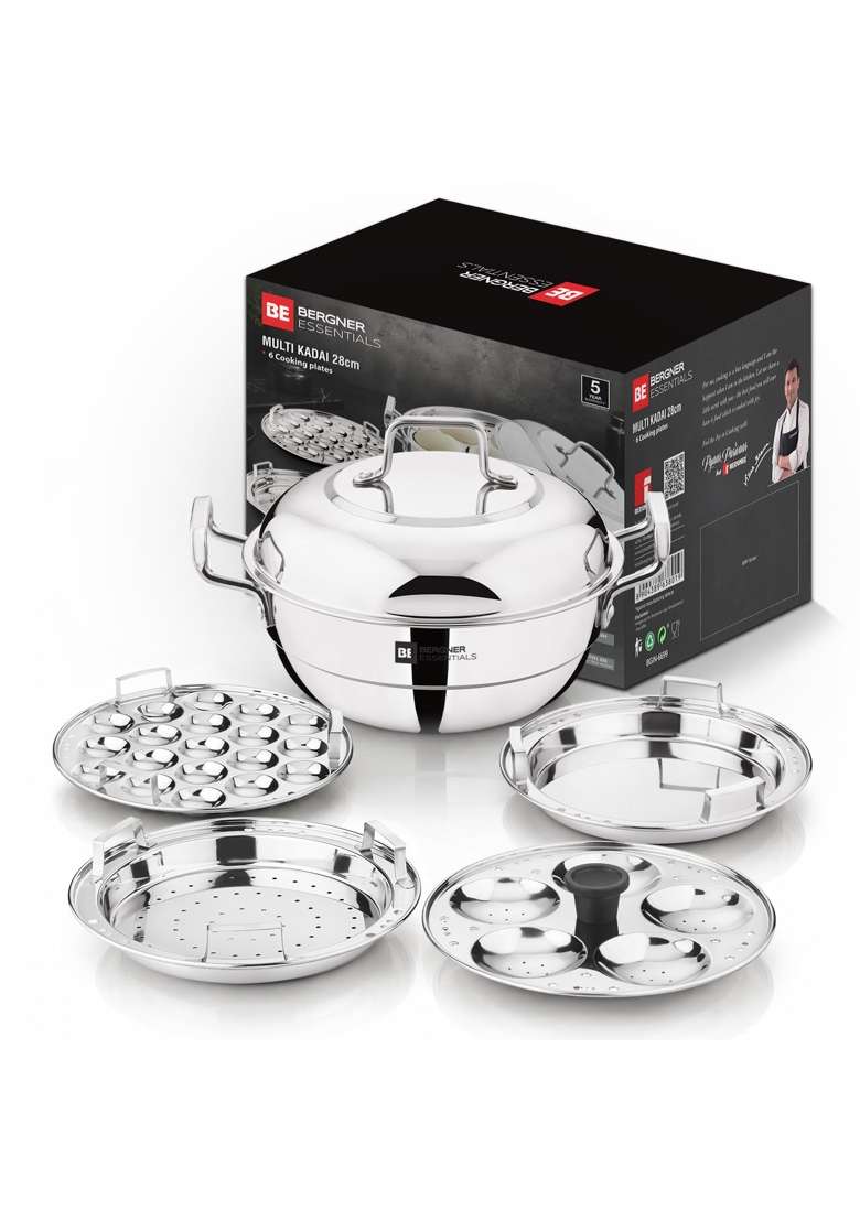 BERGNER BE Essentials Triply Stainless Steel Multi Kadai Wok with Lid | 5.5 L | 5.8 Qt | 28 cm | 11 Inch | Induction Compatible - Indya