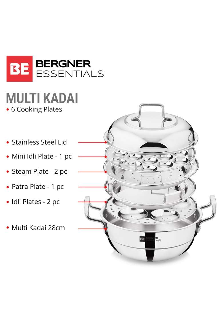 BERGNER BE Essentials Triply Stainless Steel Multi Kadai Wok with Lid | 5.5 L | 5.8 Qt | 28 cm | 11 Inch | Induction Compatible - Indya