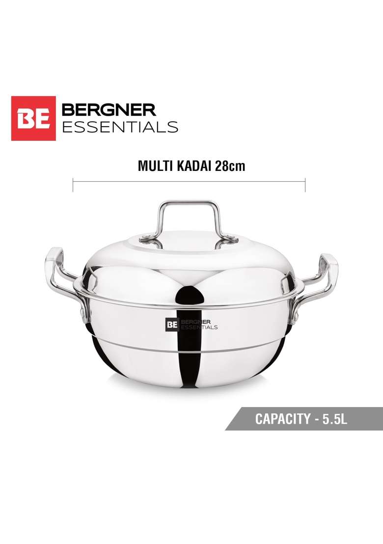 BERGNER BE Essentials Triply Stainless Steel Multi Kadai Wok with Lid | 5.5 L | 5.8 Qt | 28 cm | 11 Inch | Induction Compatible - Indya