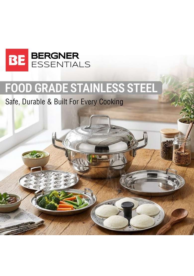 BERGNER BE Essentials Triply Stainless Steel Multi Kadai Wok with Lid | 5.5 L | 5.8 Qt | 28 cm | 11 Inch | Induction Compatible - Indya
