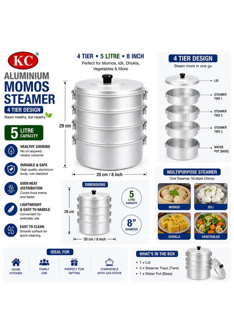 KC Aluminium Momos Steamer 4 Tier with Capacity and Diameter | 5 L | 5.3 Qt | 8 Inch - Indya