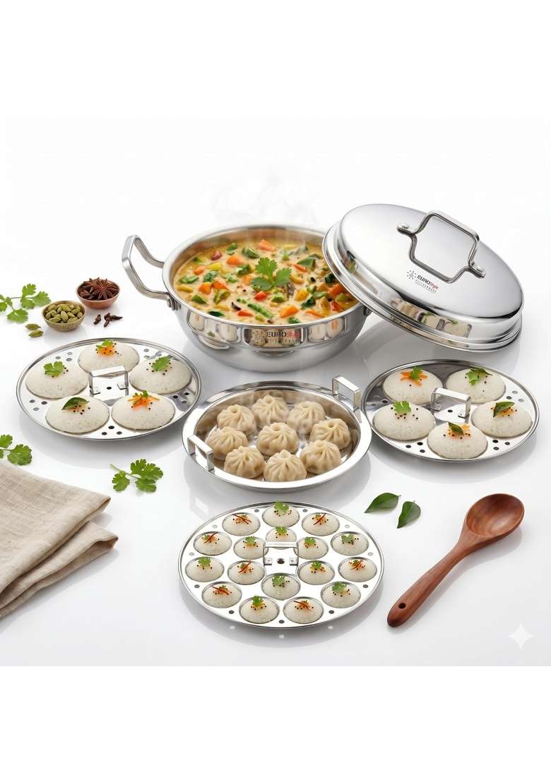 EURO style EUROStyle Triply Stainless Steel Multi Kadai Wok Idly Cooker | Induction Compatible - Indya