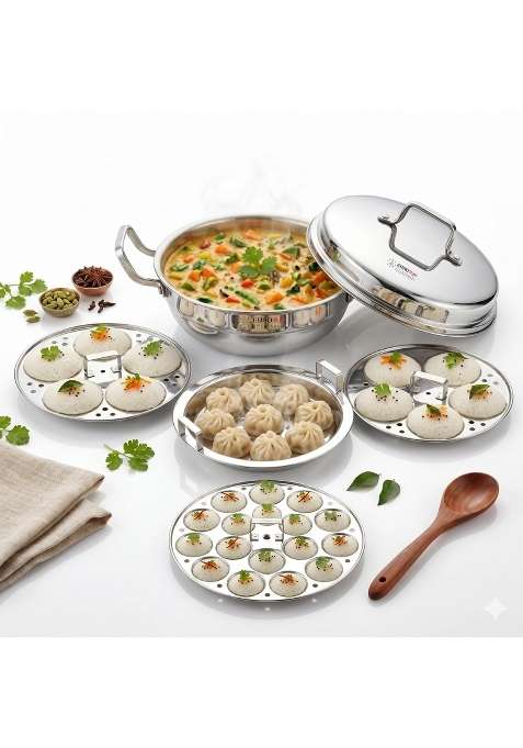 EURO style EUROStyle Triply Stainless Steel Multi Kadai Wok Idly Cooker | Induction Compatible