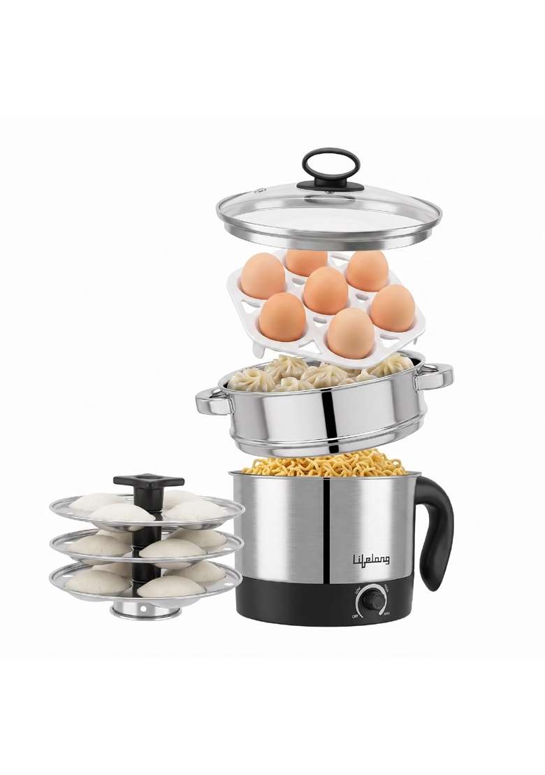 Lifelong Stainless Steel Multi Kettle with 3 Idli Plates | 1.5 L | 1.6 Qt - Indya