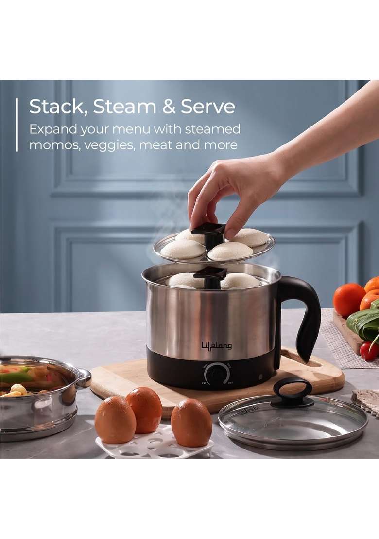 Lifelong Stainless Steel Multi Kettle with 3 Idli Plates | 1.5 L | 1.6 Qt - Indya