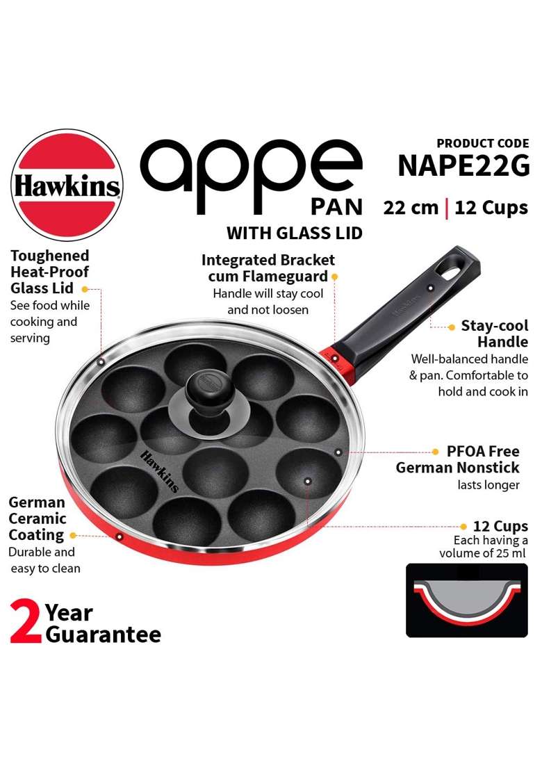 Hawkins Nonstick Appe Pan Ebelskiver-Style Pan with Glass Lid | 5 L | 5.3 Qt | 22 cm | 8.7 Inch - Indya