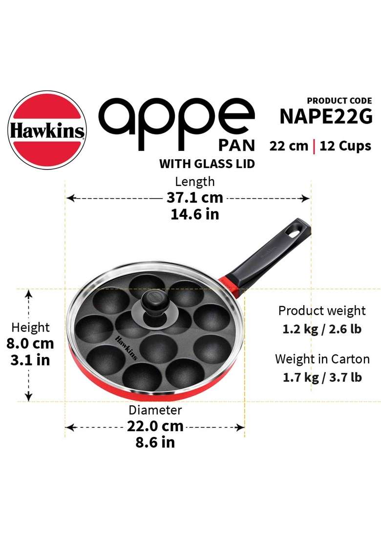 Hawkins Futura Appe Pan Ebelskiver-Style Pan | 3 L | 3.2 Qt | 22 cm | 8.7 Inch | Non-Stick | With Lid - Indya