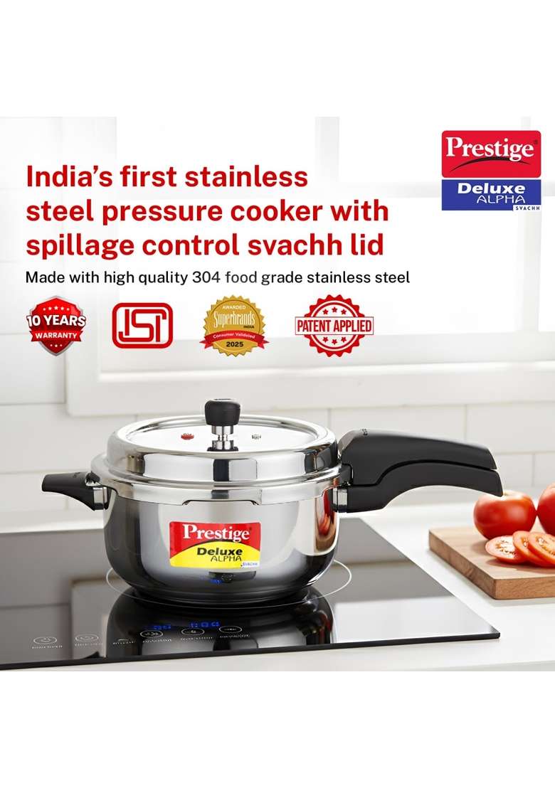 Prestige Stainless Steel Deluxe Alpha Svachh Outer Lid Deep Pressure Pan Cooker | 5 L | 5.3 Qt | Induction Compatible | Tri-Ply - Indya