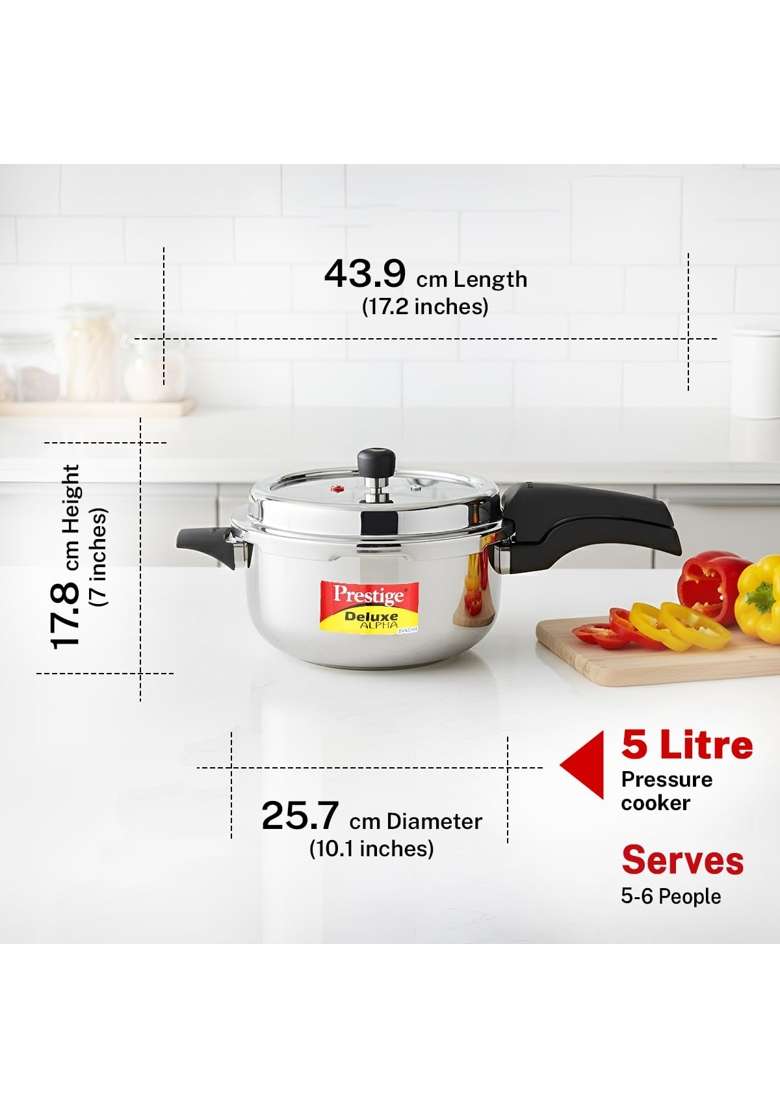 Prestige Stainless Steel Deluxe Alpha Svachh Outer Lid Deep Pressure Pan Cooker | 5 L | 5.3 Qt | Induction Compatible | Tri-Ply - Indya
