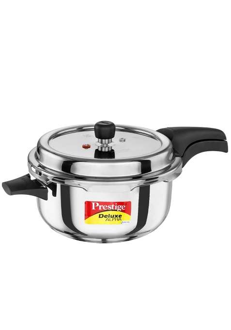 Prestige Stainless Steel Deluxe Alpha Svachh Outer Lid Deep Pressure Pan Cooker | 5 L | 5.3 Qt | Induction Compatible | Tri-Ply