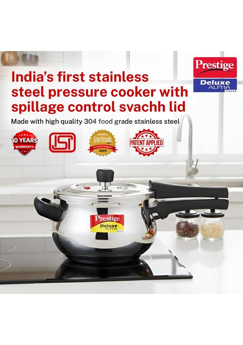 Prestige Stainless Steel Deluxe Alpha Svachh Outer Lid Pressure Cooker | 3 L | 3.2 Qt | Induction Compatible | Tri-Ply - Indya