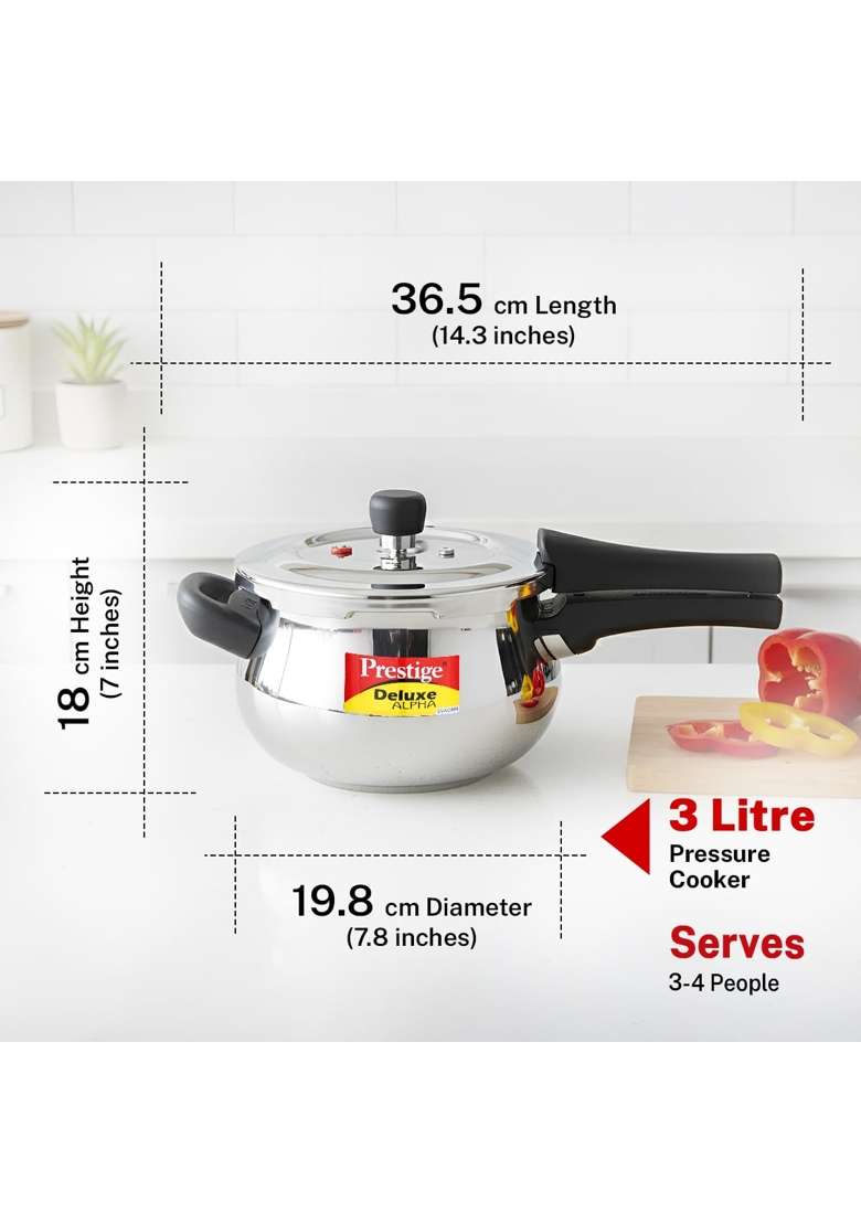 Prestige Stainless Steel Deluxe Alpha Svachh Outer Lid Pressure Cooker | 3 L | 3.2 Qt | Induction Compatible | Tri-Ply - Indya