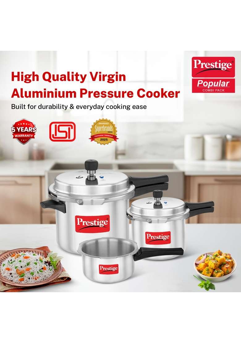 Prestige Aluminium Popular Max Outer Lid Pressure Cooker Combo with 2 Lids | 2 L | 2.1 Qt | Induction Compatible - Indya