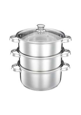 Solimo Amazon Brand Solimo Stainless Steel 3-Tier Steamer with Glass Lid | 18 cm | 7.1 Inch | Induction Compatible | Rust Resistant