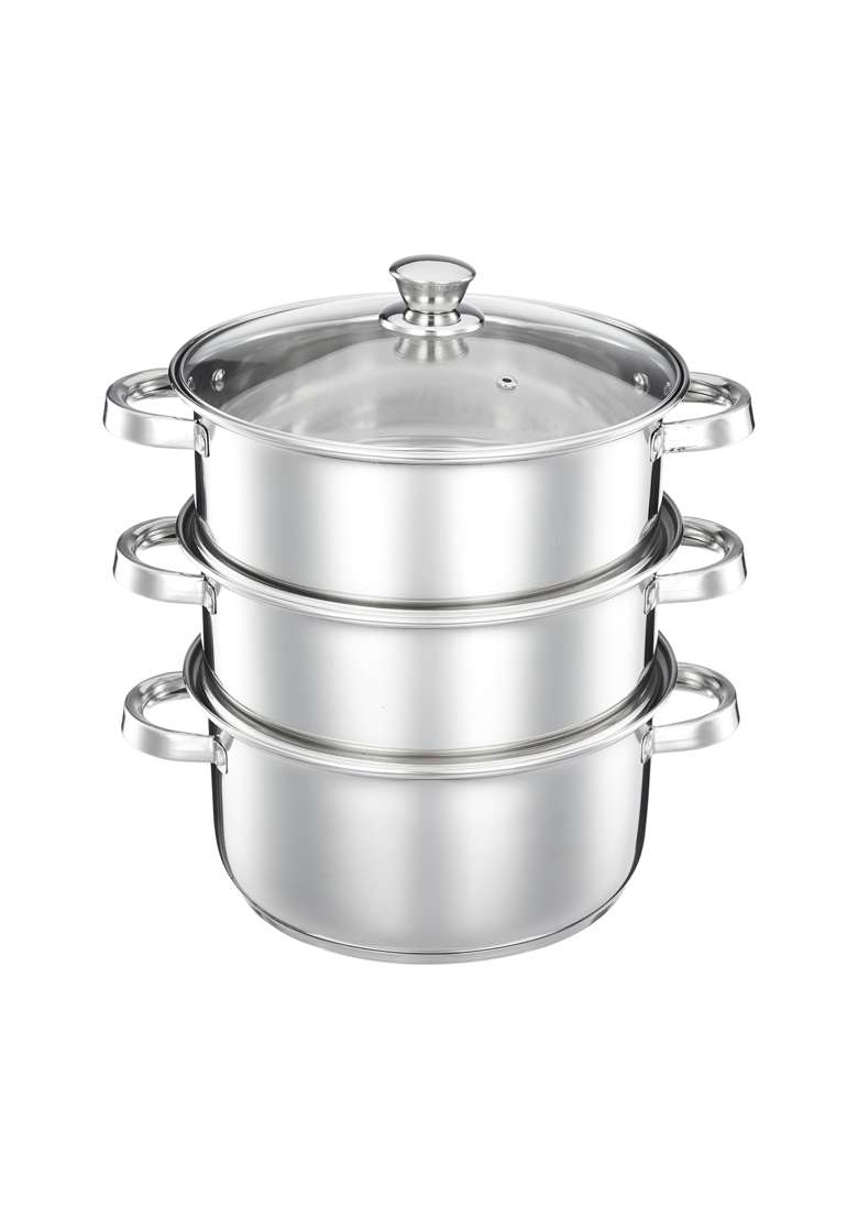 Solimo Amazon Brand Solimo Stainless Steel 3-Tier Steamer with Glass Lid | 18 cm | 7.1 Inch | Induction Compatible | Rust Resistant - Indya