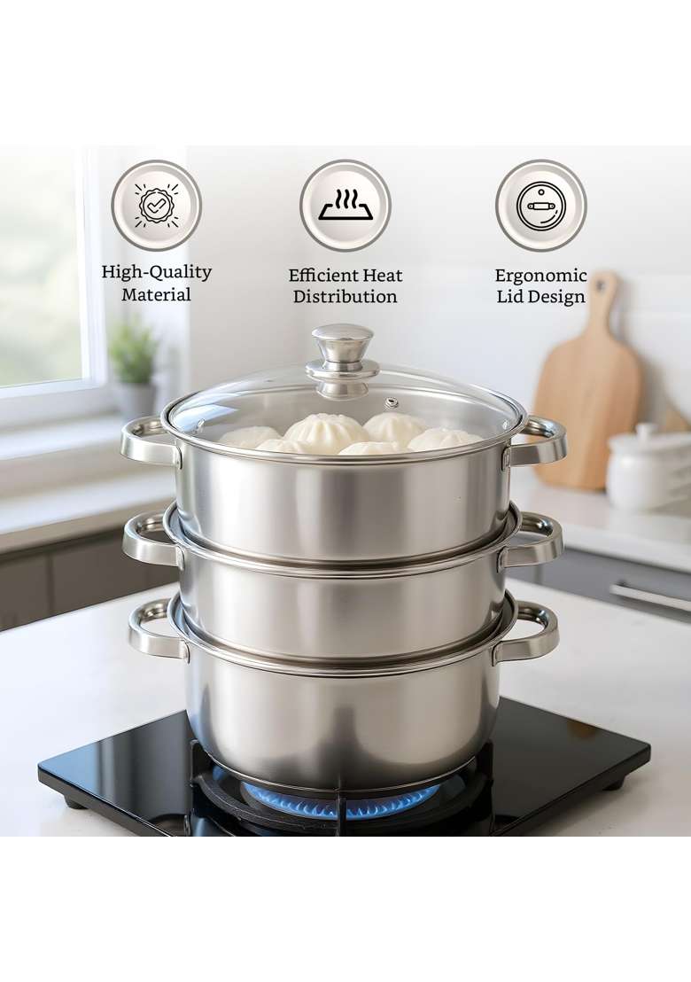 Solimo Amazon Brand Solimo Stainless Steel 3-Tier Steamer with Glass Lid | 18 cm | 7.1 Inch | Induction Compatible | Rust Resistant - Indya
