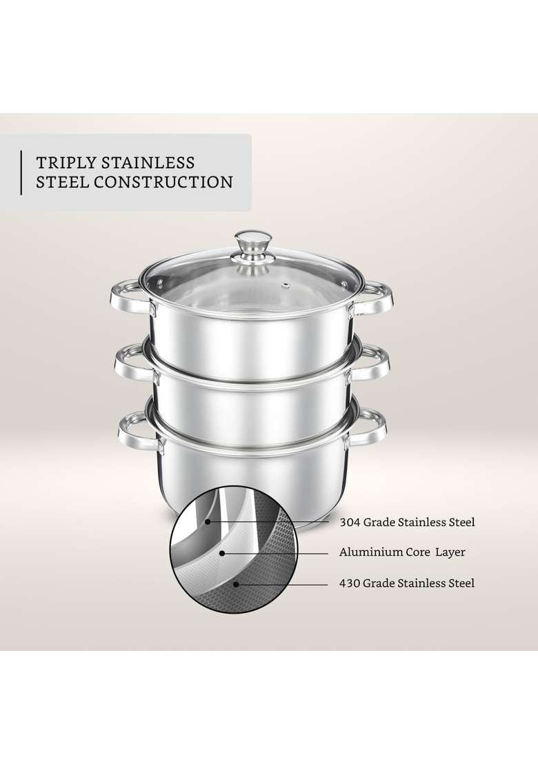 Solimo Amazon Brand Solimo Stainless Steel 3-Tier Steamer with Glass Lid | 18 cm | 7.1 Inch | Induction Compatible | Rust Resistant - Indya