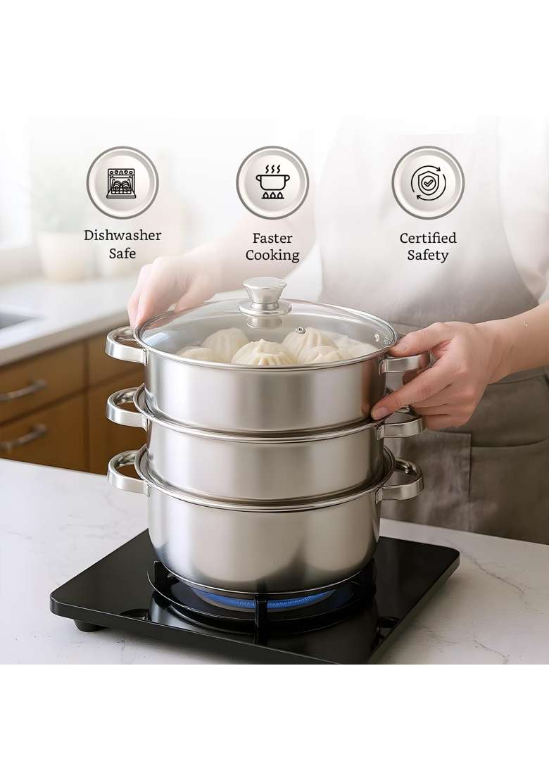 Solimo Amazon Brand Solimo Stainless Steel 3-Tier Steamer with Glass Lid | 18 cm | 7.1 Inch | Induction Compatible | Rust Resistant - Indya
