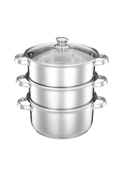 Solimo Amazon Brand Solimo Stainless Steel 3-Tier Steamer with Glass Lid | 18 cm | 7.1 Inch | Induction Compatible | Rust Resistant