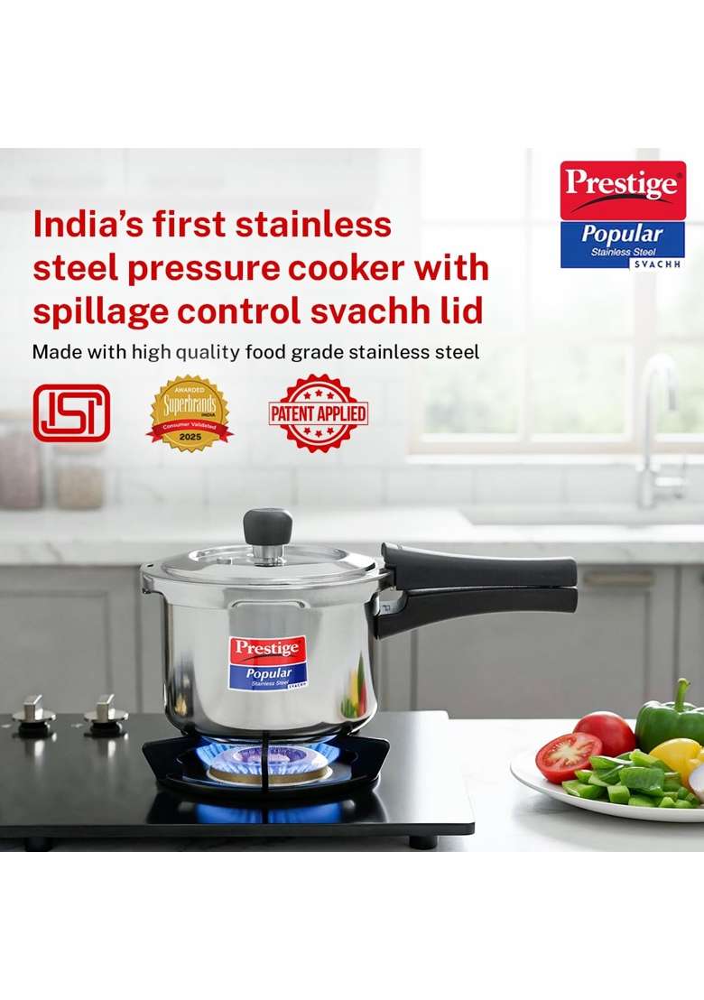 Prestige Stainless Steel Popular Svachh Outerlid Pressure Cooker | 1.5 L | 1.6 Qt | Induction Compatible - Indya