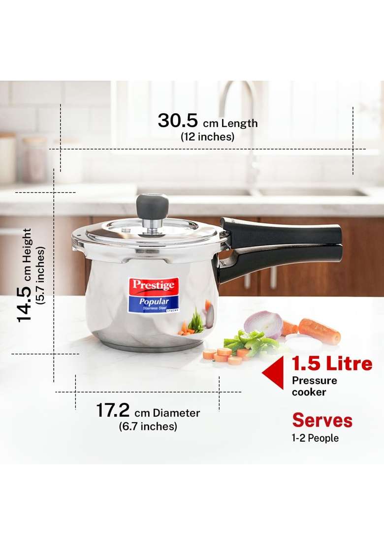 Prestige Stainless Steel Popular Svachh Outerlid Pressure Cooker | 1.5 L | 1.6 Qt | Induction Compatible - Indya