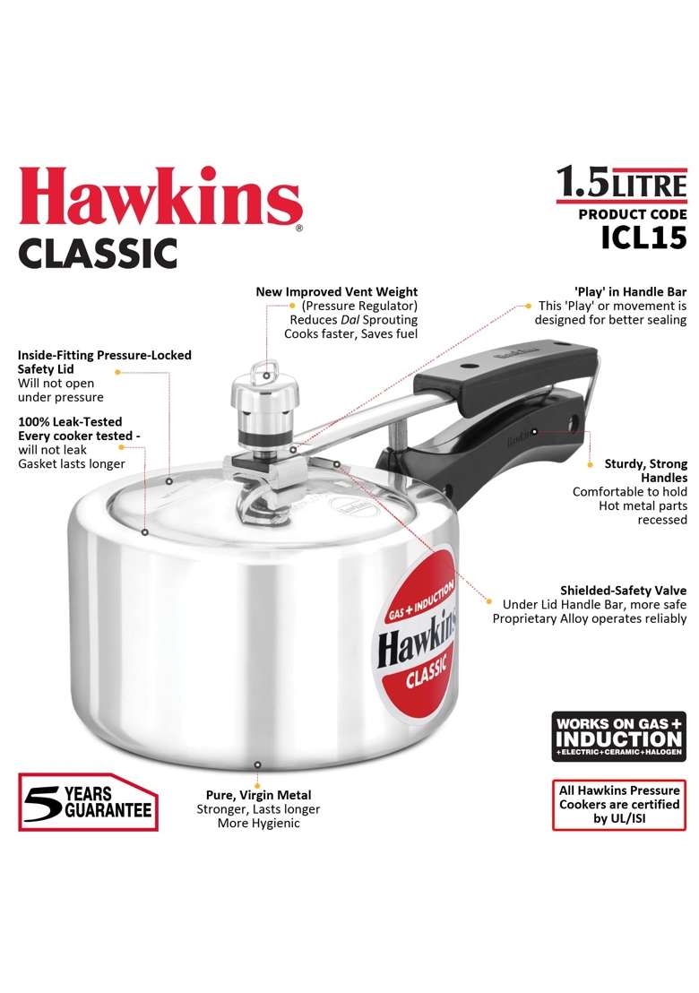 Hawkins Classic Pressure Cooker | 1.5 L | 1.6 Qt | Induction Compatible - Indya