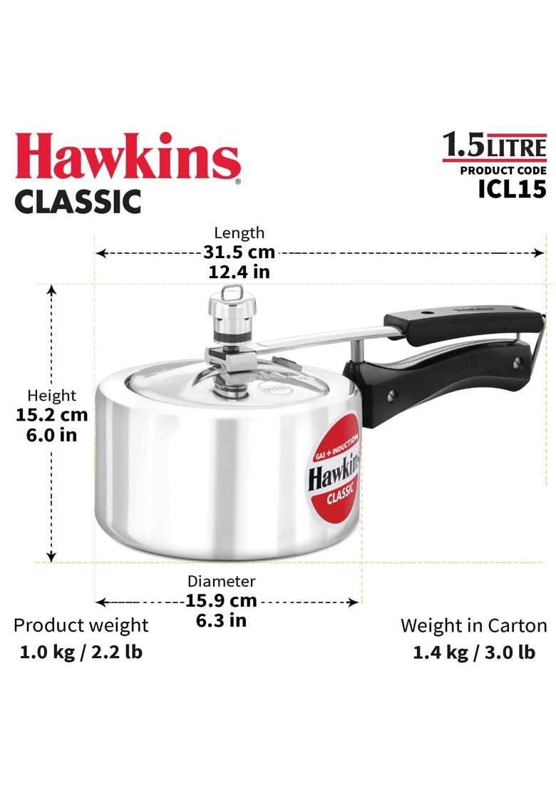 Hawkins Classic Pressure Cooker | 1.5 L | 1.6 Qt | Induction Compatible - Indya