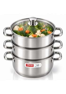 Vinod Steamer for Kitchen 3-Tier Stainless Steel with Glass Lid | 18 cm | 7.1 Inch