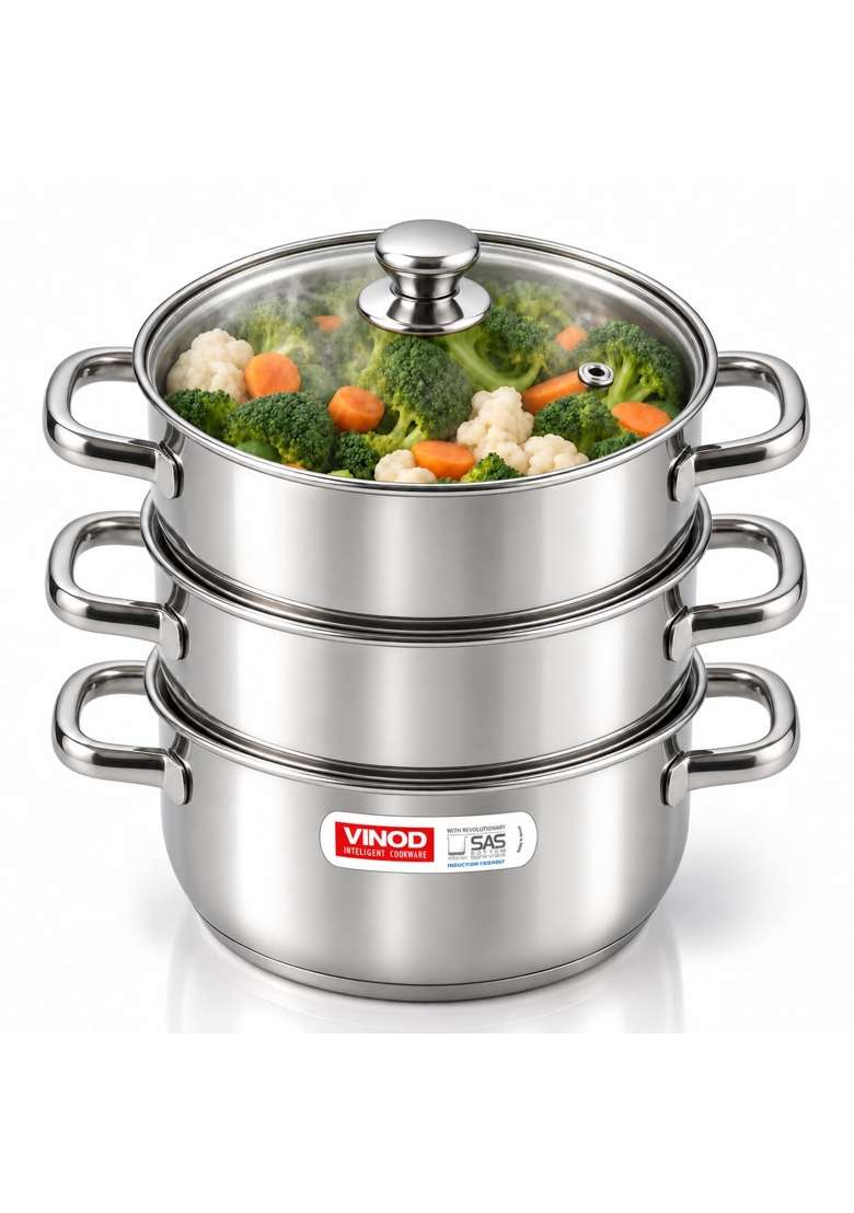 Vinod Steamer for Kitchen 3-Tier Stainless Steel with Glass Lid | 18 cm | 7.1 Inch - Indya