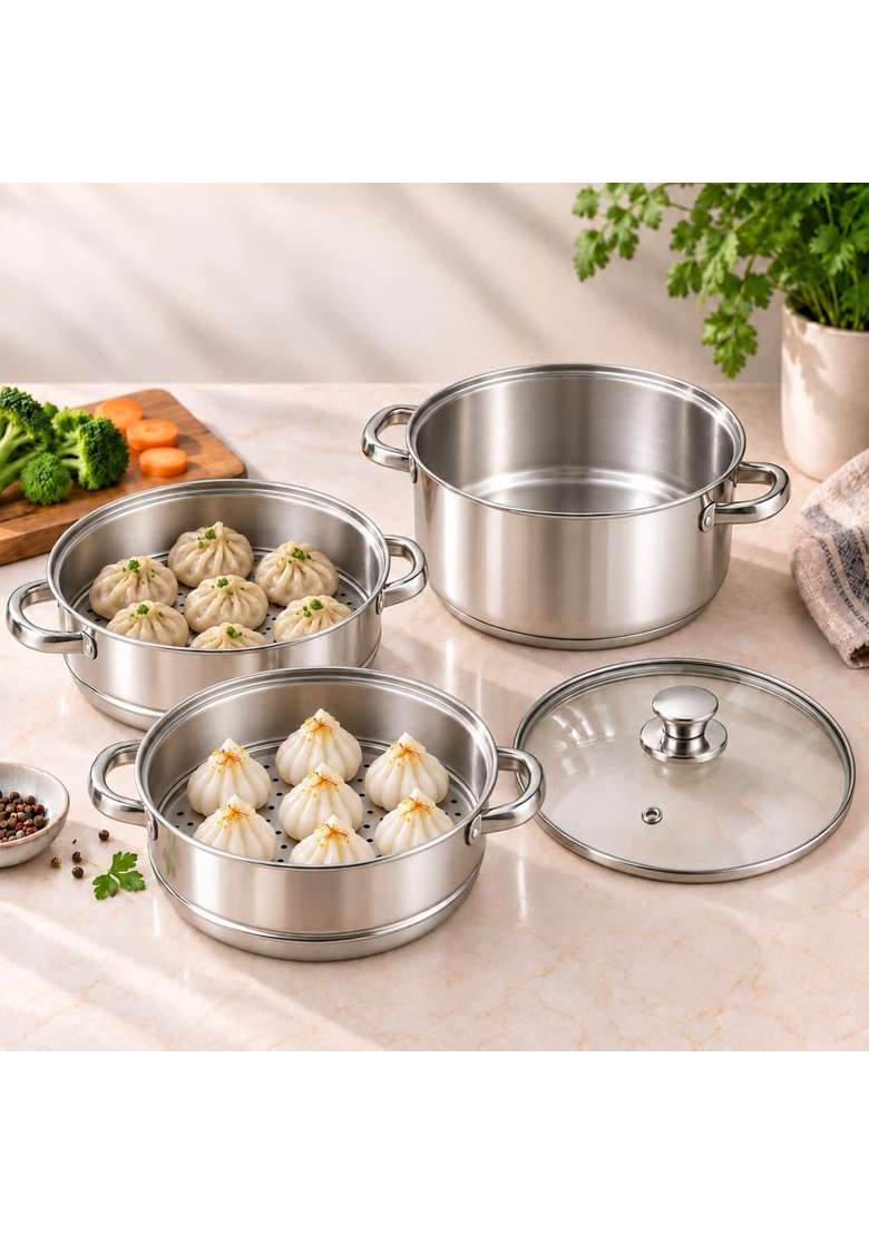 Vinod Steamer for Kitchen 3-Tier Stainless Steel with Glass Lid | 18 cm | 7.1 Inch - Indya