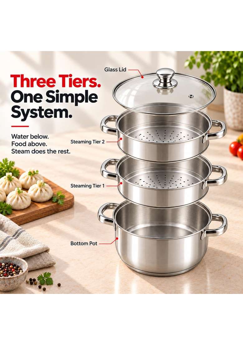Vinod Steamer for Kitchen 3-Tier Stainless Steel with Glass Lid | 18 cm | 7.1 Inch - Indya