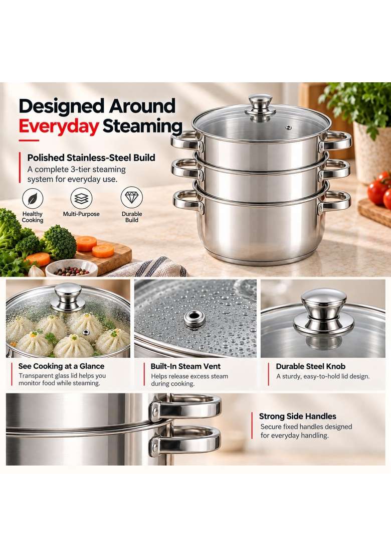 Vinod Steamer for Kitchen 3-Tier Stainless Steel with Glass Lid | 18 cm | 7.1 Inch - Indya
