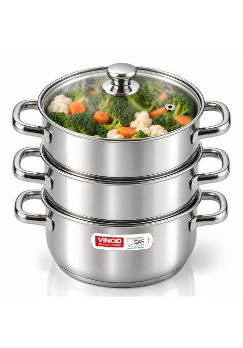 Vinod Steamer for Kitchen 3-Tier Stainless Steel with Glass Lid | 18 cm | 7.1 Inch