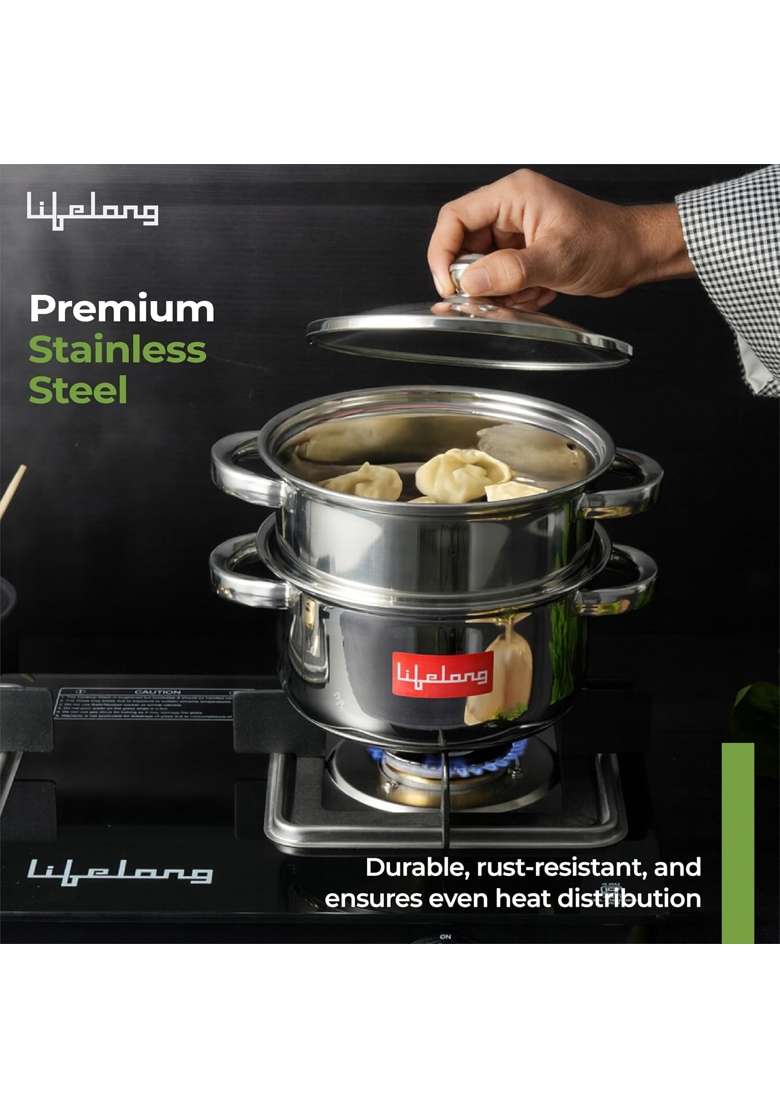 Lifelong 2-Tier Steamer Momo Modak Maker | 2 L | 2.1 Qt | 20 cm | 7.9 Inch | Induction Compatible | With Lid - Indya