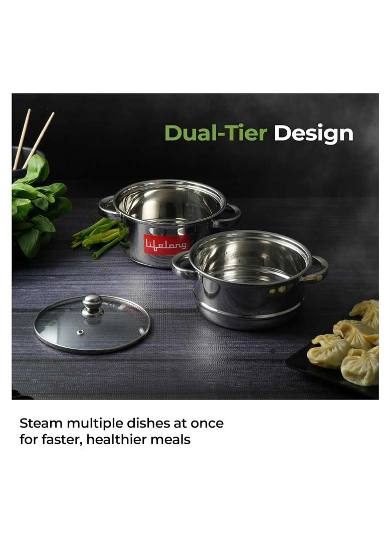 Lifelong 2-Tier Steamer Momo Modak Maker | 2 L | 2.1 Qt | 20 cm | 7.9 Inch | Induction Compatible | With Lid - Indya