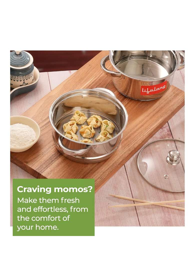 Lifelong 2-Tier Steamer Momo Modak Maker | 2 L | 2.1 Qt | 20 cm | 7.9 Inch | Induction Compatible | With Lid - Indya