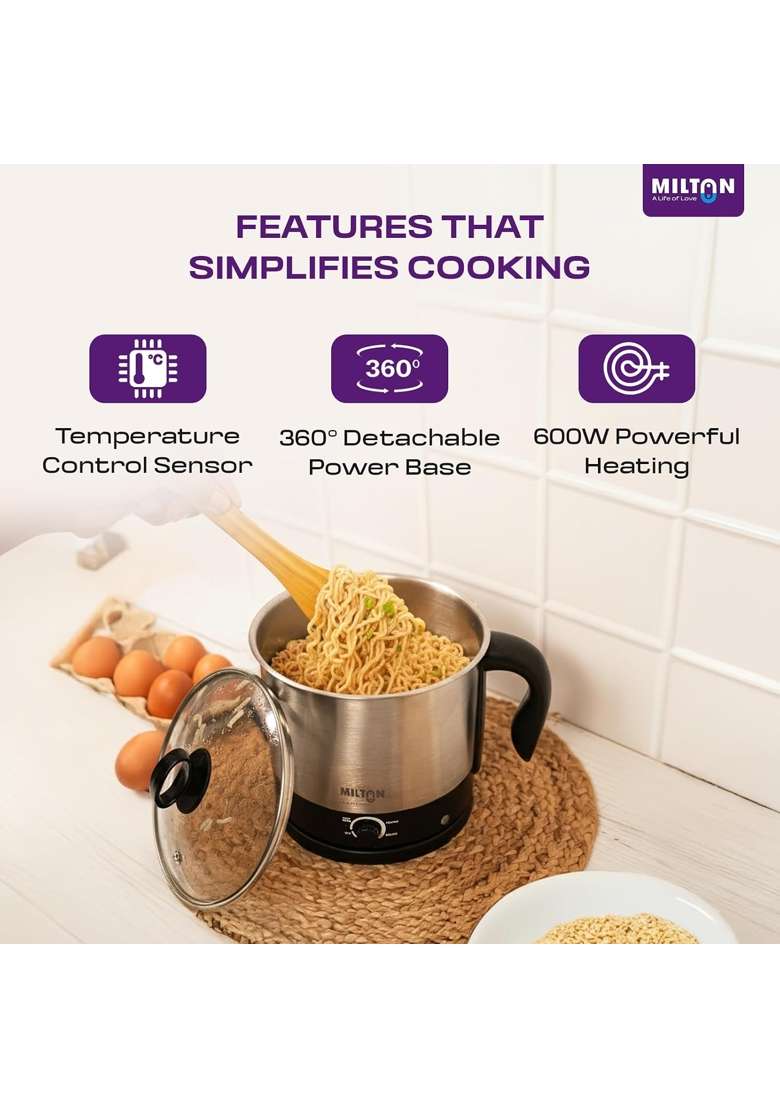 MILTON Champ 600W Electric Multi Cook Kettle with Steamer | 1.5 L | 1.6 Qt - Indya