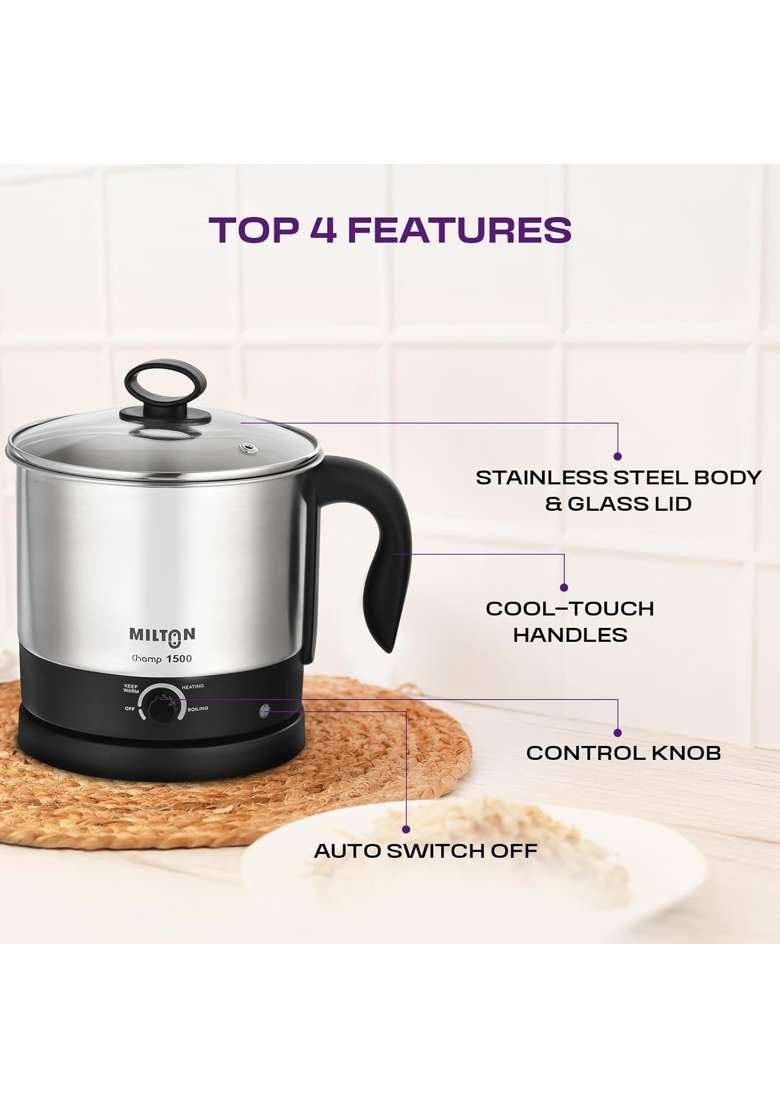 MILTON Champ 600W Electric Multi Cook Kettle with Steamer | 1.5 L | 1.6 Qt - Indya
