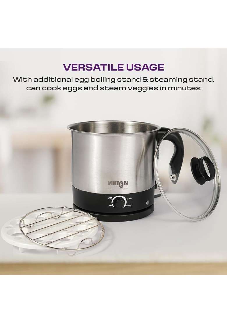 MILTON Champ 600W Electric Multi Cook Kettle with Steamer | 1.5 L | 1.6 Qt - Indya