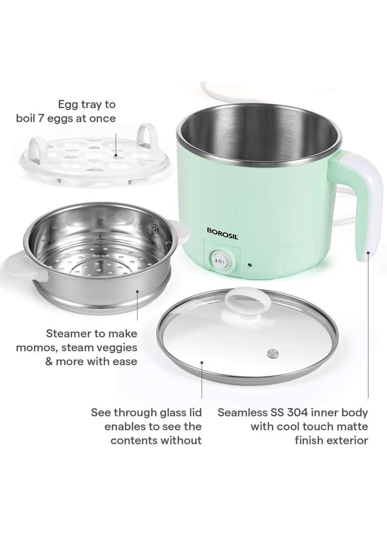 Borosil Klassic Electric Steel Kettle with Steamer | 1.2 L | 1.3 Qt - Indya