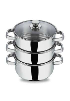 Vinod Steamer for Kitchen 3-Tier Stainless Steel with Glass Lid | 20 cm | 7.9 Inch