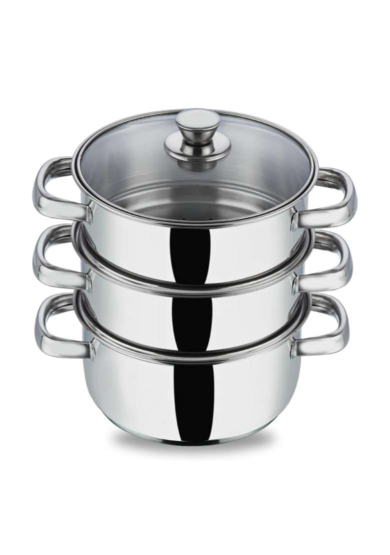 Vinod Steamer for Kitchen 3-Tier Stainless Steel with Glass Lid | 20 cm | 7.9 Inch - Indya