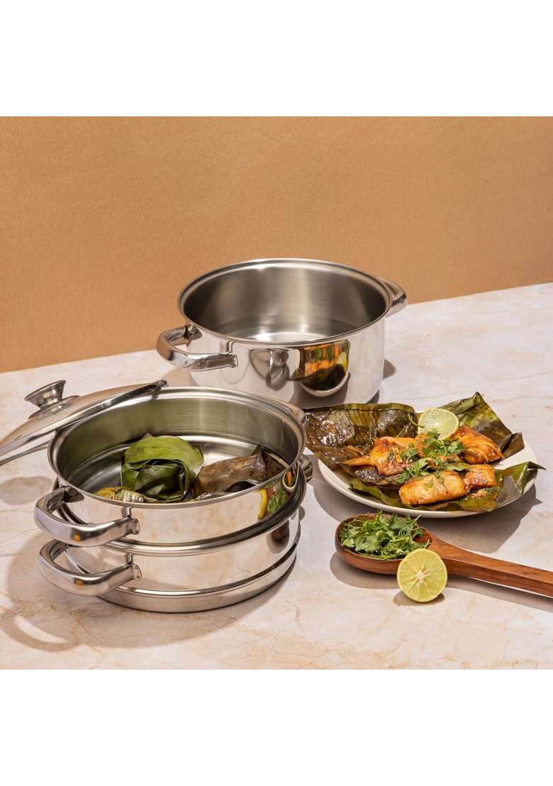 Vinod Steamer for Kitchen 3-Tier Stainless Steel with Glass Lid | 20 cm | 7.9 Inch - Indya